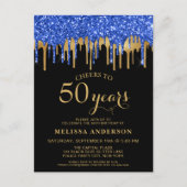 Elegant Blue Gold Black Glitter Drips 50 verjaarda Briefkaart (Voorkant)