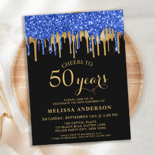 Elegant Blue Gold Black Glitter Drips 50 verjaarda Briefkaart