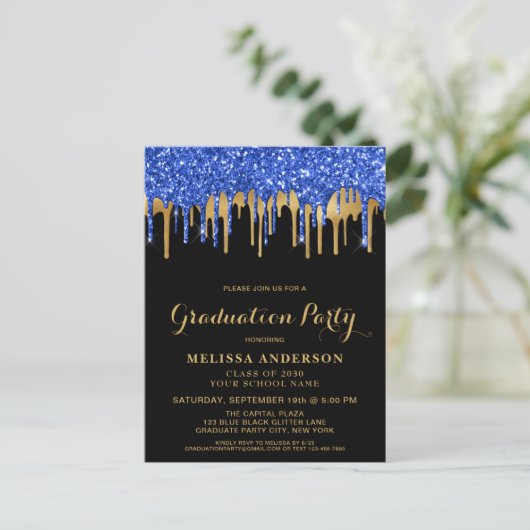 Elegant Blue Gold Black Glitter Drivers Afstuderen Uitnodiging Briefkaart (Staand voorkant)