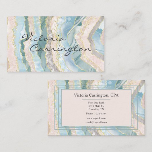 Elegant Blue Gold Blauwgroen Agate Script Visitekaartje (Voorkant / Achterkant)