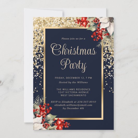 Elegant Blue Gold Botanical Christmas Party Kaart (Voorkant)