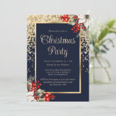 Elegant Blue Gold Botanical Christmas Party Kaart (Staand voorkant)