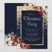 Elegant Blue Gold Botanical Christmas Party Kaart (Voorkant / Achterkant)
