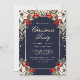 Elegant Blue Gold Botanical Christmas Party Kaart