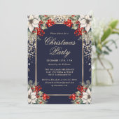 Elegant Blue Gold Botanical Christmas Party Kaart (Staand voorkant)