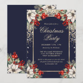 Elegant Blue Gold Botanical Christmas Party Kaart (Voorkant / Achterkant)
