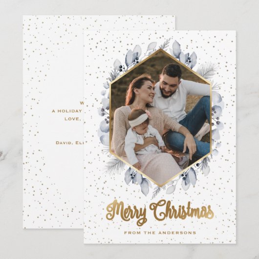 Elegant Blue Gold Botanical Geo Foto met kerstmis Feestdagenkaart (Voorkant / Achterkant)