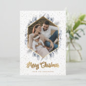 Elegant Blue Gold Botanical Geo Foto met kerstmis Feestdagenkaart (Staand voorkant)
