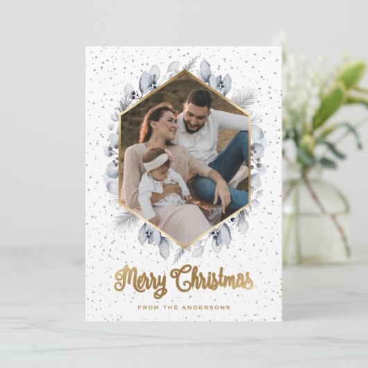 Elegant Blue Gold Botanical Geo Foto met kerstmis Feestdagenkaart (Staand voorkant)