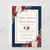Elegant Blue Gold Burgundy Floral Wedding Invite Kaart (Voorkant)