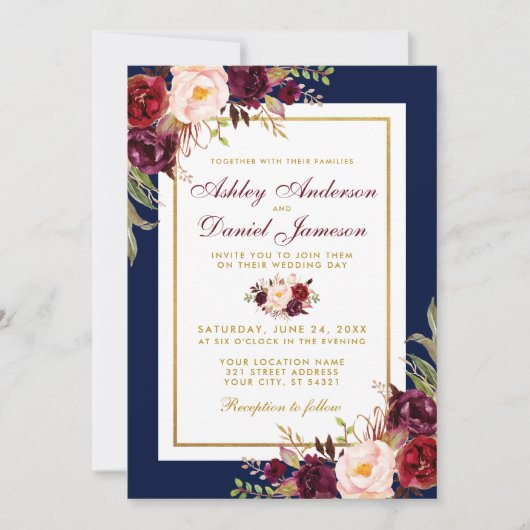 Elegant Blue Gold Burgundy Floral Wedding Invite Kaart (Voorkant)