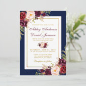 Elegant Blue Gold Burgundy Floral Wedding Invite Kaart (Staand voorkant)