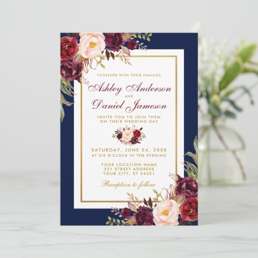 Elegant Blue Gold Burgundy Floral Wedding Invite Kaart (Staand voorkant)