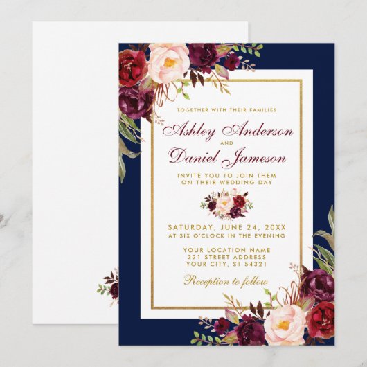 Elegant Blue Gold Burgundy Floral Wedding Invite Kaart (Voorkant / Achterkant)