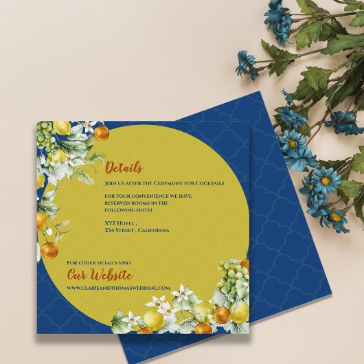 Elegant Blue Gold Citrus Floral Wedding Details Informatiekaartje
