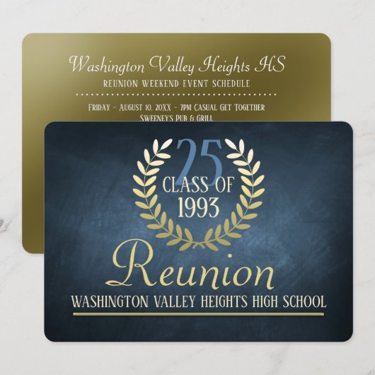 Elegant Blue|Gold Class Reunion Invitation Kaart (Voorkant / Achterkant)