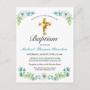 Elegant Blue Gold Cross Boy Baptisme Invitation Briefkaart