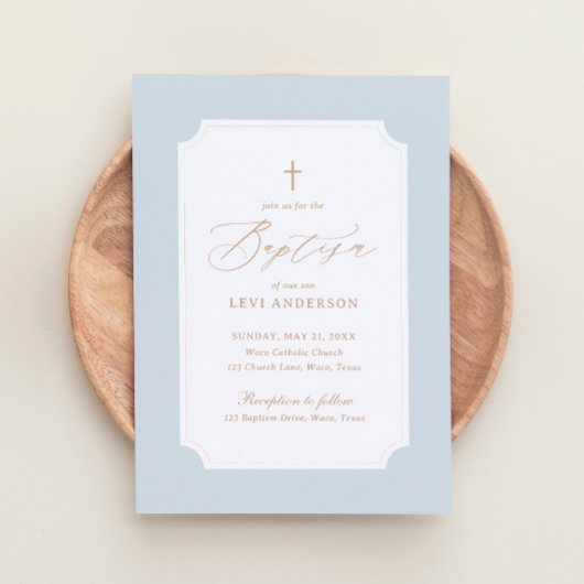 Elegant Blue Gold Cross Boy Baptisme Kaart