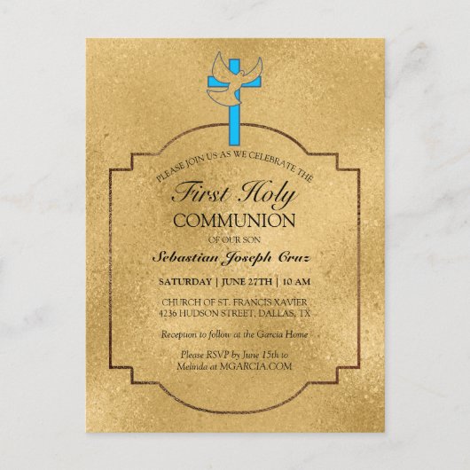 Elegant Blue Gold Cross First Community Invitation Briefkaart (Voorkant)