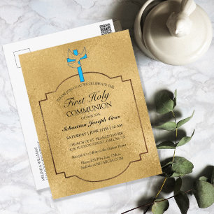 Elegant Blue Gold Cross First Community Invitation Briefkaart