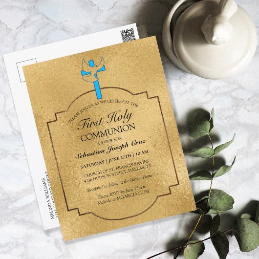 Elegant Blue Gold Cross First Community Invitation Briefkaart