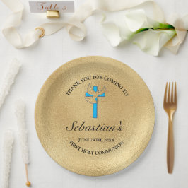 Elegant Blue Gold Cross First Community Party Papieren Bordje