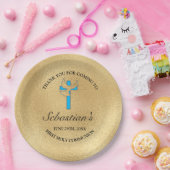 Elegant Blue Gold Cross First Community Party Papieren Bordje (Feest)