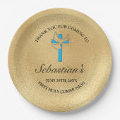 Elegant Blue Gold Cross First Community Party Papieren Bordje (Voorkant)