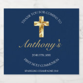 Elegant Blue Gold Cross First Community Reception Sparkling Wijnetiket (Enkel label)