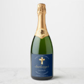 Elegant Blue Gold Cross First Community Reception Sparkling Wijnetiket (Voorkant)