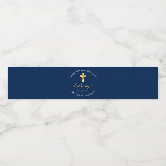 Elegant Blue Gold Cross First Community Reception Waterfles Etiket (Enkel label)