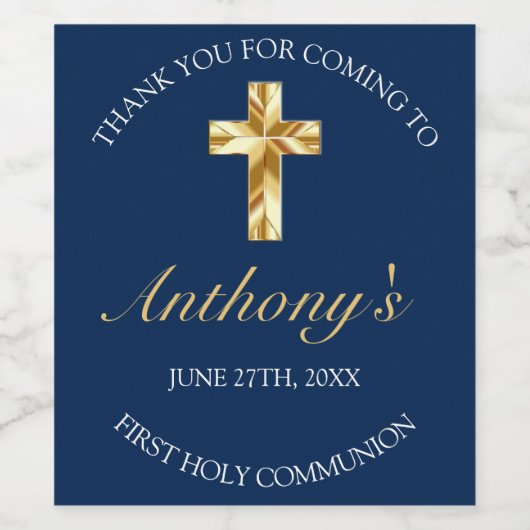Elegant Blue Gold Cross First Community Reception Wijn Etiket (Enkel label)