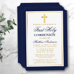 Elegant Blue Gold Cross First Heilige Communie Kaart<br><div class="desc">Elegant Navy Blue en Gold First Heilige Communion Invitation with Cross. Goud Lijst. Gold Cross.</div>
