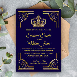 Elegant Blue Gold  Crown Wedding Invitation Kaart