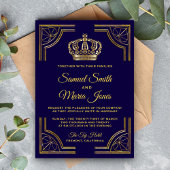 Elegant Blue Gold  Crown Wedding Invitation Kaart