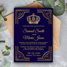 Elegant Blue Gold  Crown Wedding Invitation