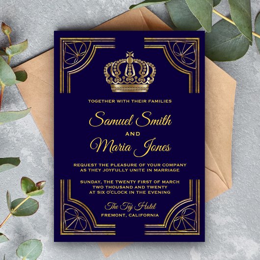 Elegant Blue Gold  Crown Wedding Invitation Kaart