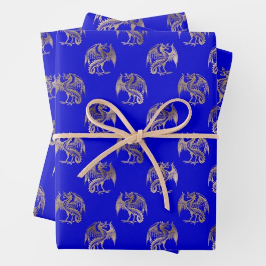 Elegant Blue Gold Dragon Wrapping Paper Sheets (In situ)