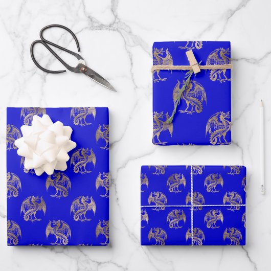 Elegant Blue Gold Dragon Wrapping Paper Sheets (Voorkant)