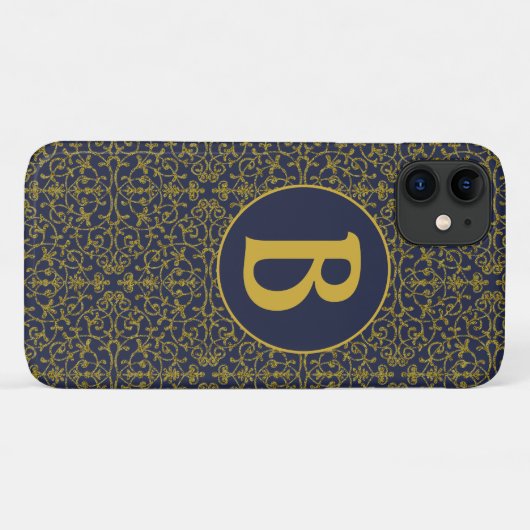 Elegant Blue & Gold Filigree Monogram Case-Mate iPhone Case (Achterkant (horizontaal))
