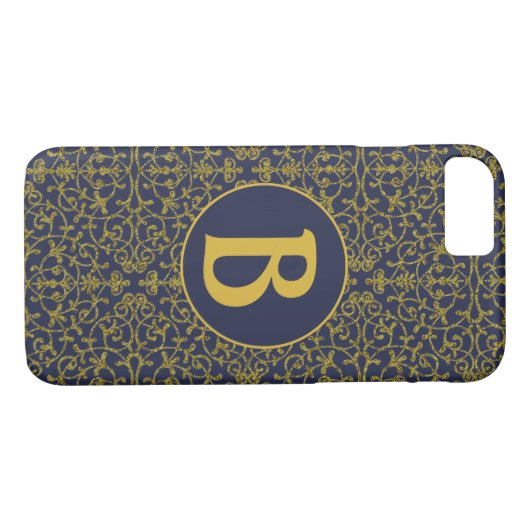 Elegant Blue & Gold Filigree Monogram Case-Mate iPhone Case (Achterkant (Horizontaal))