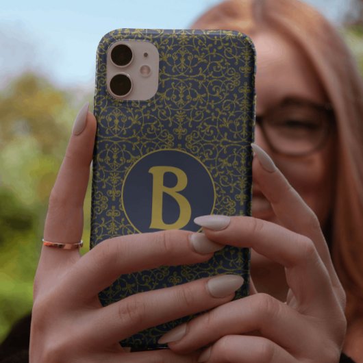 Elegant Blue & Gold Filigree Monogram Case-Mate iPhone Case
