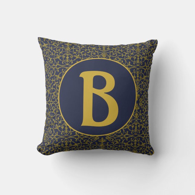 Elegant Blue & Gold Filigree Monogram Kussen (Voorkant)