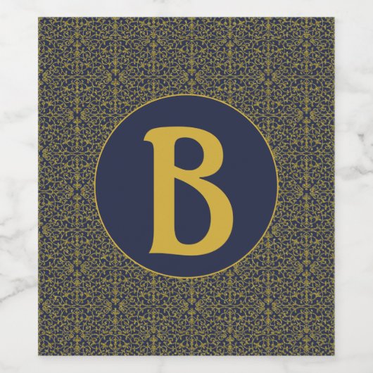 Elegant Blue & Gold Filigree Monogram Wijn Etiket (Enkel label)