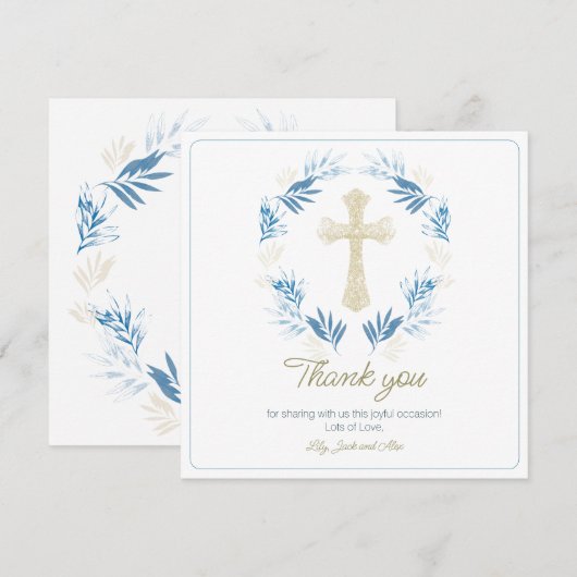 Elegant Blue Gold First Heilige Communie Bedankkaart (Voorkant / Achterkant)