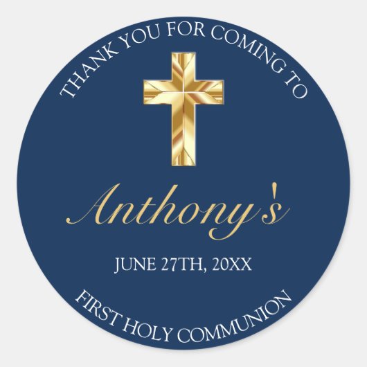 Elegant Blue Gold First Heilige Communie Hartelijk Ronde Sticker