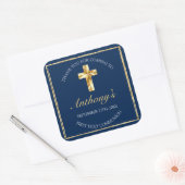 Elegant Blue Gold First Heilige Communie Hartelijk Vierkante Sticker (Envelop)