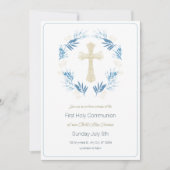 Elegant Blue Gold First Heilige Communie Kaart (Voorkant)