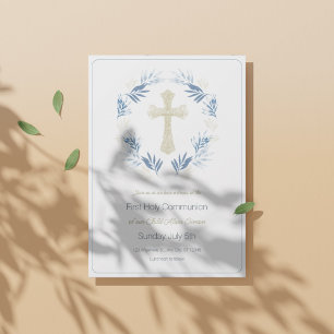 Elegant Blue Gold First Heilige Communie Kaart
