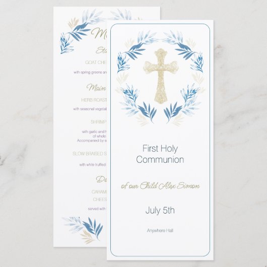 Elegant Blue Gold First Heilige Communie Menu (Voorkant / Achterkant)